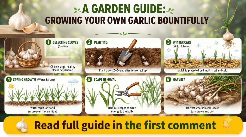 An infographic titled A Garden Guide Growing Your Own Garlic Bountifully showing six illustrated steps for growing garli