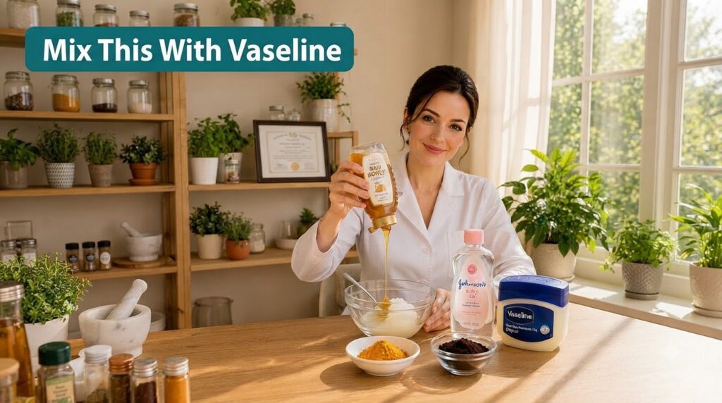 A smiling woman in a lab coat pouring honey into a bowl with Vaseline and other DIY beauty ingredients like turmeric and