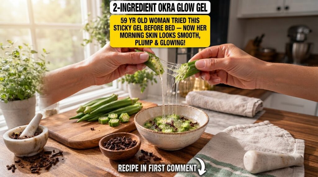 Hands pulling apart an okra pod to show its viscous gel with chopped okra and cloves in a bowl on a cutting board