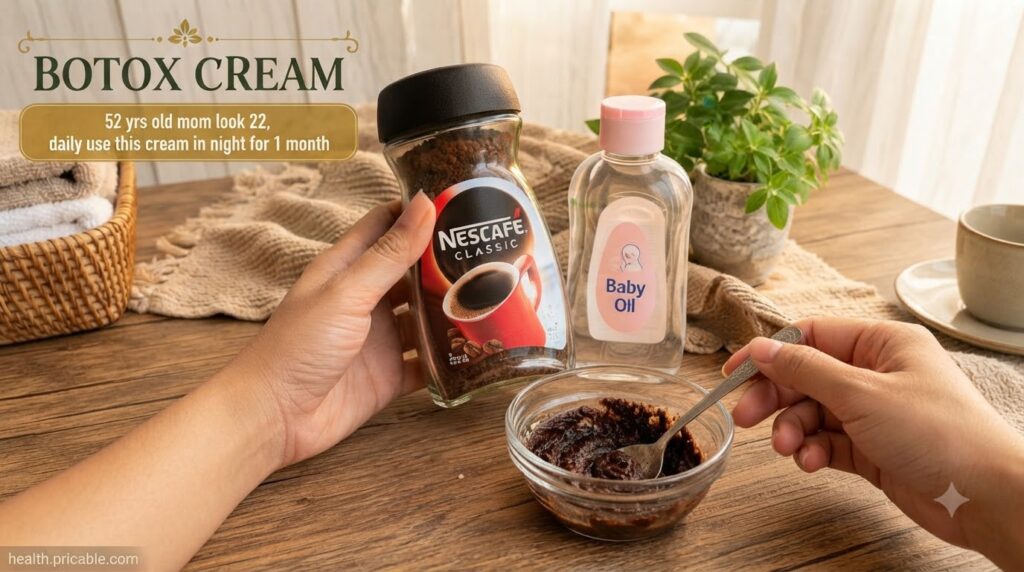 A person s hands holding a jar of instant coffee and a bottle of baby oil next to a small bowl with a dark paste on a wo