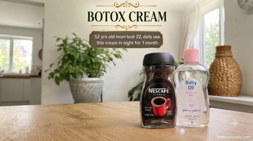 A jar of instant coffee granules next to a bottle of baby oil on a wooden surface with soft lighting and a plant in the 