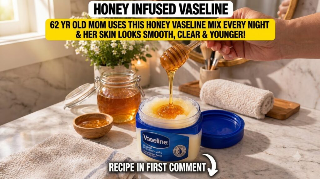 A close-up of golden honey being poured from a honey dipper into a small glass jar of Vaseline petroleum jelly The backg