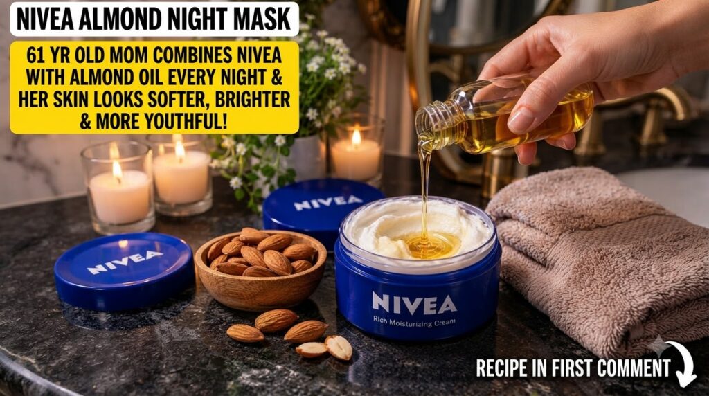 Almond oil being poured into a Nivea Rich Moisturizing Cream jar with whole almonds and a candle in the background