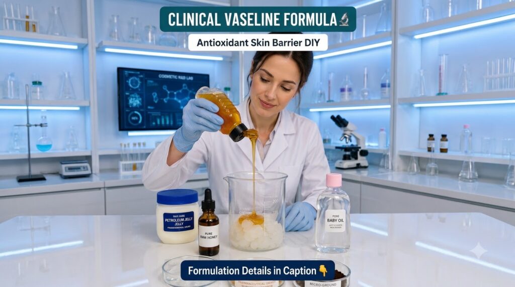 A person in a lab setting carefully pouring honey into a beaker with petroleum jelly surrounded by DIY beauty ingredient