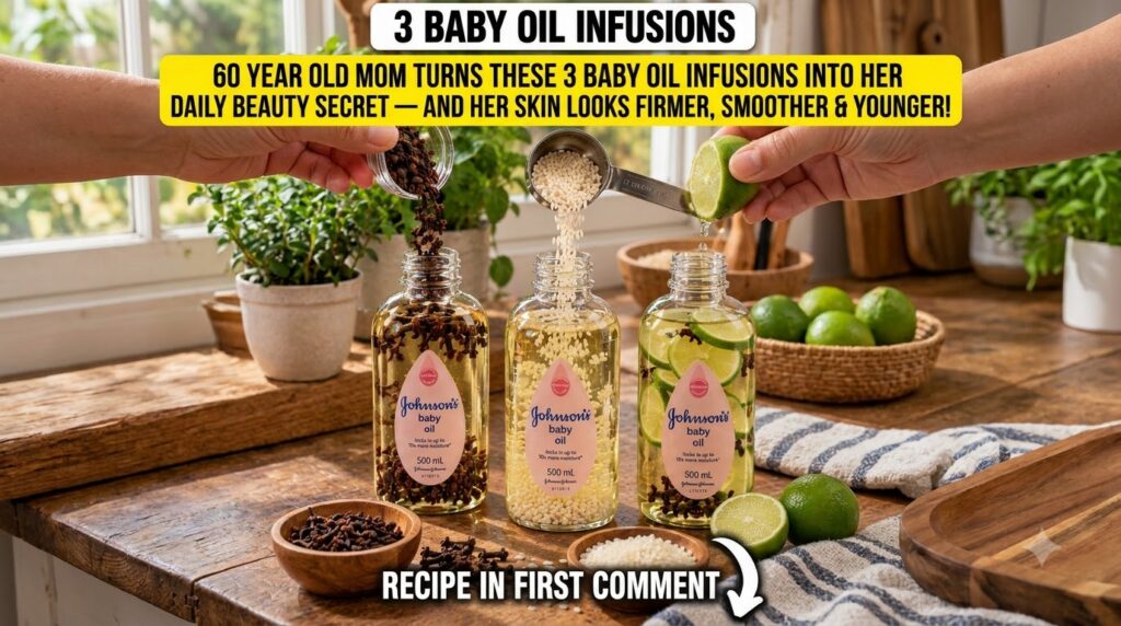 Three open bottles of Johnson s baby oil on a wooden surface with hands actively pouring cloves small white granular bea