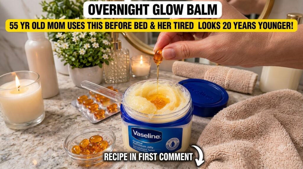 A hand holding an amber vitamin E capsule dripping its viscous liquid into a small jar of Vaseline mixed with a golden s