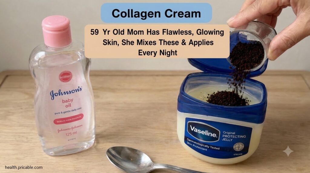 A hand pouring coffee grounds into an open tub of Vaseline petroleum jelly on a wooden surface with a bottle of baby oil