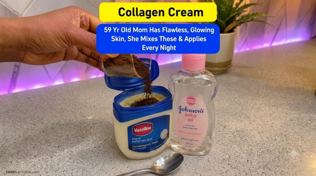 A hand pouring coffee grounds from a clear measuring cup into an open tub of Vaseline petroleum jelly with a bottle of J