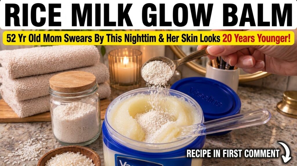 A hand pouring fine white rice powder from a spoon into a clear jar containing Vaseline petroleum jelly The background s