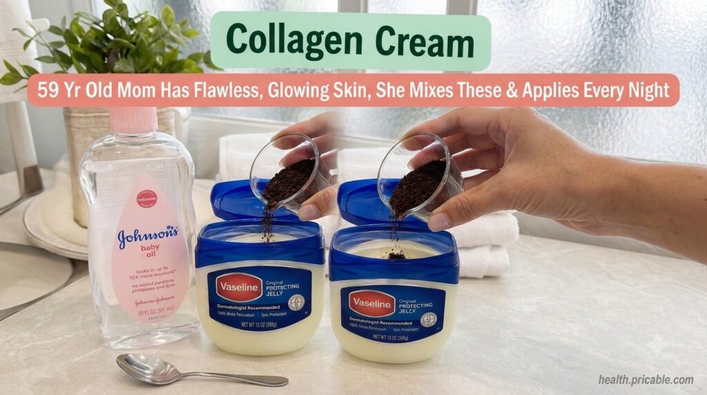 A hand pouring dark coffee grounds into a small tub of white petroleum jelly Vaseline with a bottle of baby oil nearby o