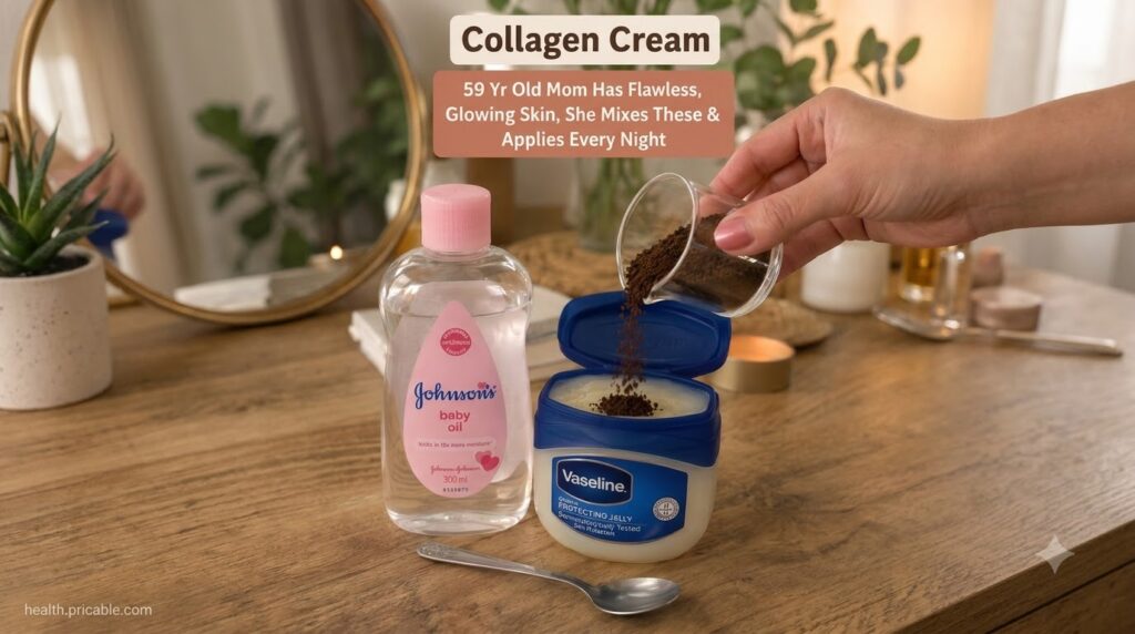 A hand pouring coffee grounds into a jar of Vaseline with a bottle of baby oil nearby on a wooden surface