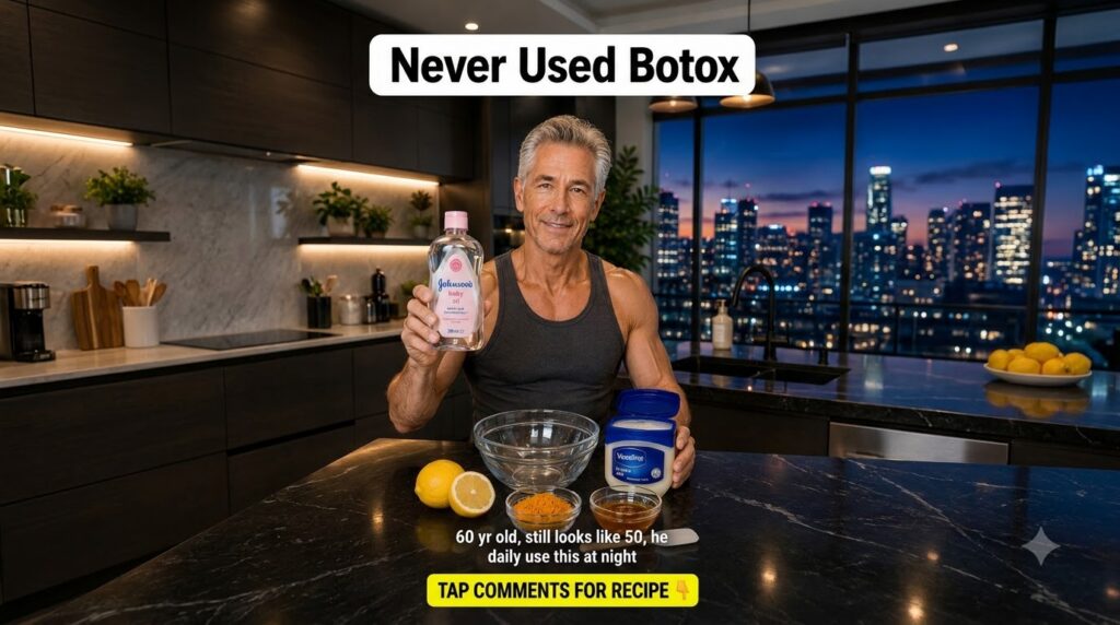 A smiling fit gray-haired man in a tank top holding a bottle of Johnson s Baby Oil and a tub of Vaseline In front of him