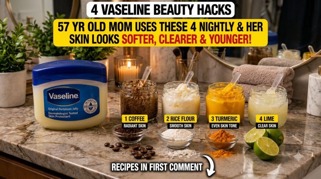 A collection of DIY beauty ingredients including a large jar of Vaseline small jars with mixed beauty hacks and raw comp
