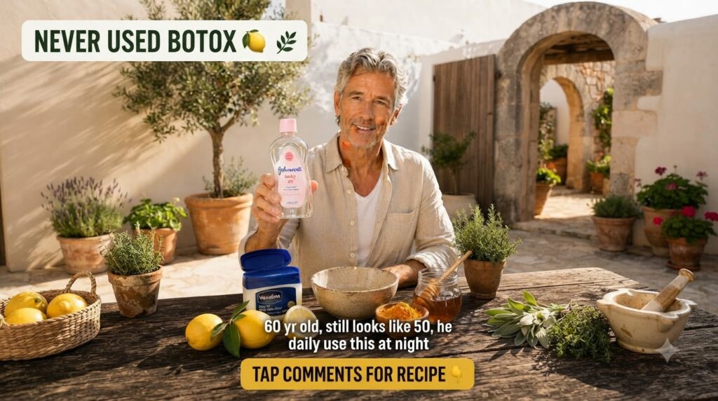 A smiling middle-aged man with grey hair holding a bottle of Johnson s baby oil seated at a rustic wooden table filled w