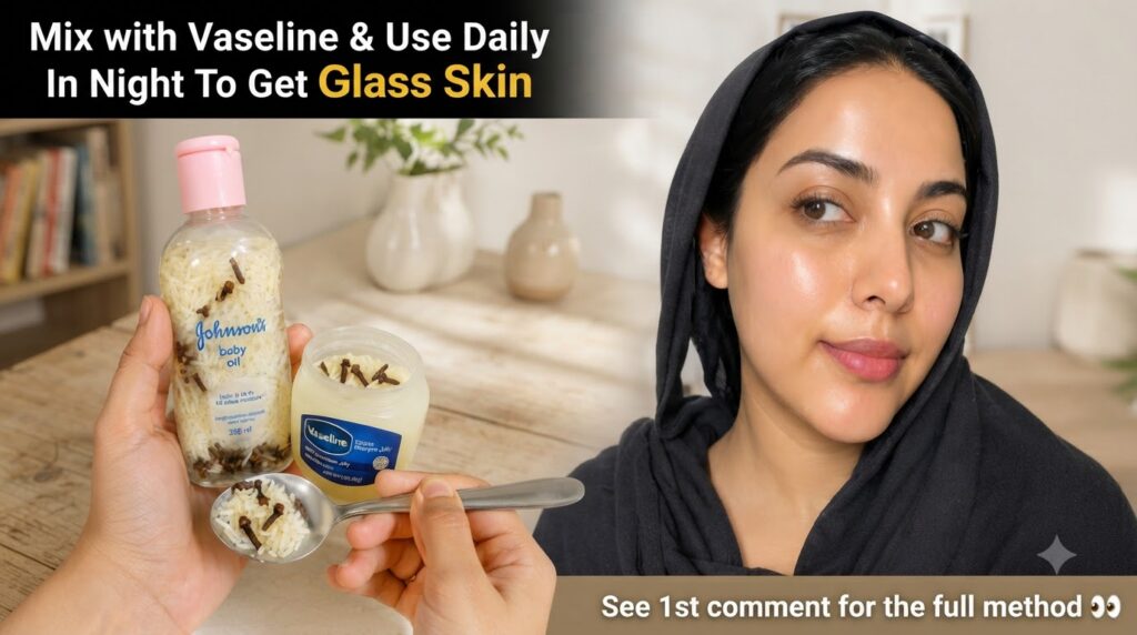 A split image showing on the left a hand holding Johnson s baby oil and Vaseline infused with rice and cloves alongside 