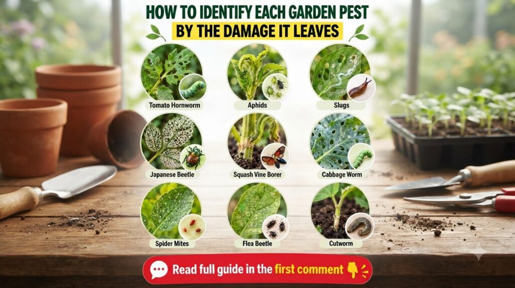 An infographic displaying nine common garden pests with images of each pest and corresponding examples of the damage the