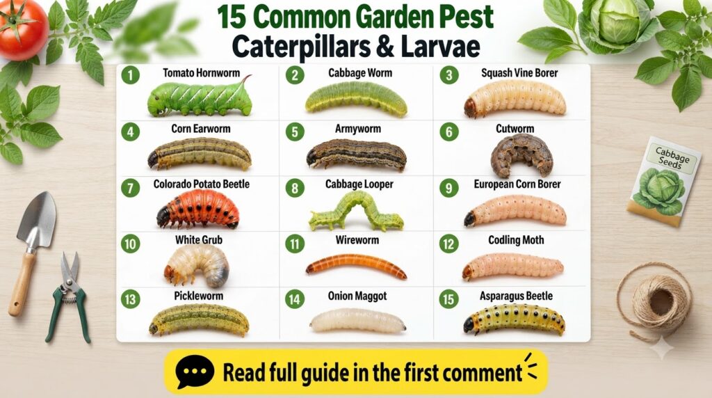 A grid of various common garden pest caterpillars and larvae each clearly photographed with its name