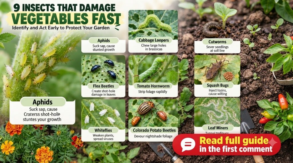 An infographic titled 9 Insects That Damage Vegetables Fast showing close-up images of various common garden pests like