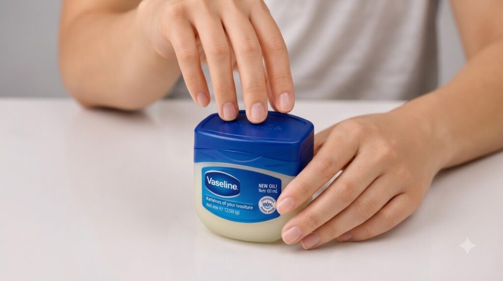 A person s hands gently poised over a white Vaseline petroleum jelly jar with a blue lid ready to open it