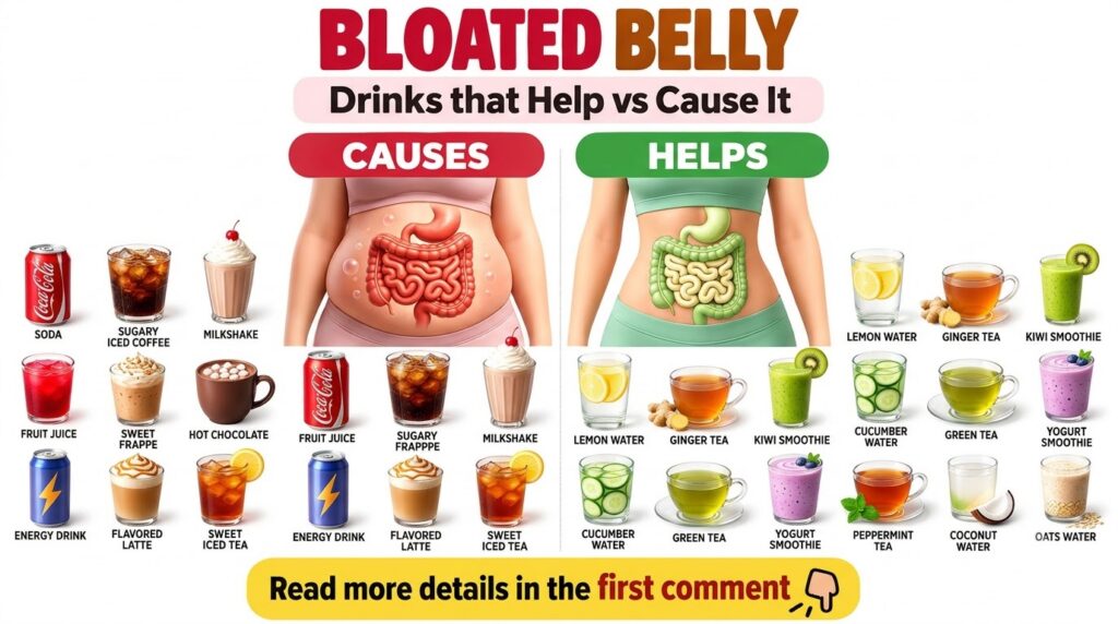 An infographic titled Bloated Belly Drinks that Help vs Cause It showing a split screen with Causes on the left bloated 