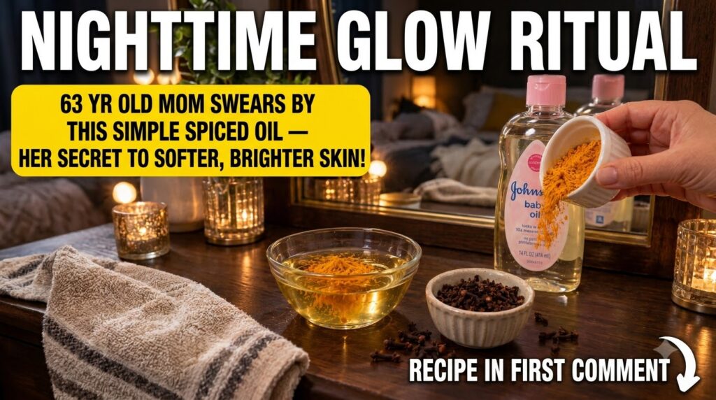 A close-up overhead shot of a hand pouring bright orange turmeric powder into a clear bowl of golden oil A bottle of bab