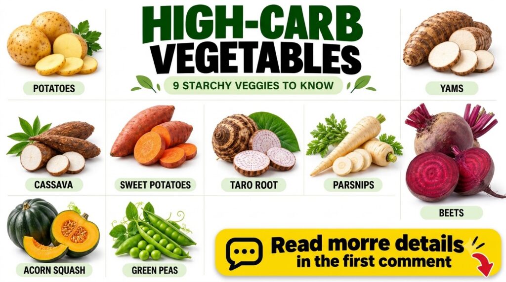 An infographic displaying nine high-carb vegetables in a 3x3 grid against a white background with the title HIGH-CARB VE