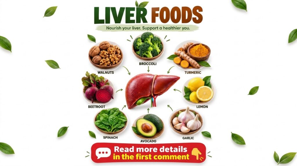 An infographic titled LIVER FOODS showing a stylized human liver surrounded by bowls of liver-beneficial foods like waln