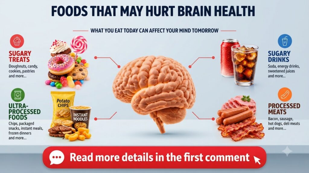 Infographic showing a human brain model surrounded by four categories of foods harmful to brain health sugary treats don