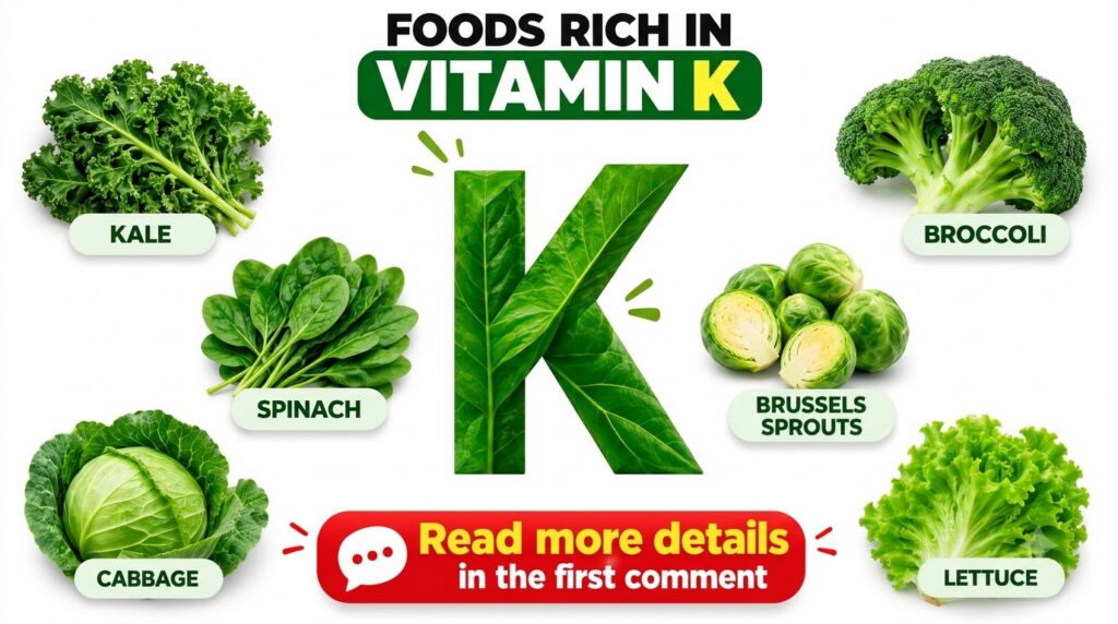 Infographic displaying FOODS RICH IN VITAMIN K with kale spinach cabbage broccoli Brussels sprouts and lettuce arranged 