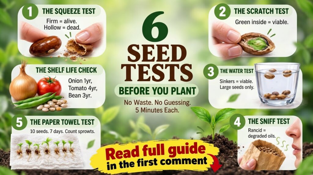 An infographic illustrating six different seed viability tests Squeeze Scratch Water Sniff Paper Towel and Shelf Life wi