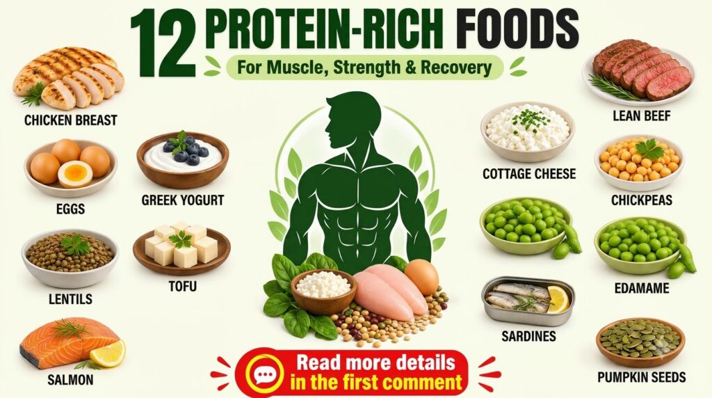 An infographic titled 12 Protein-Rich Foods for muscle strength and recovery featuring a central silhouette of a muscula