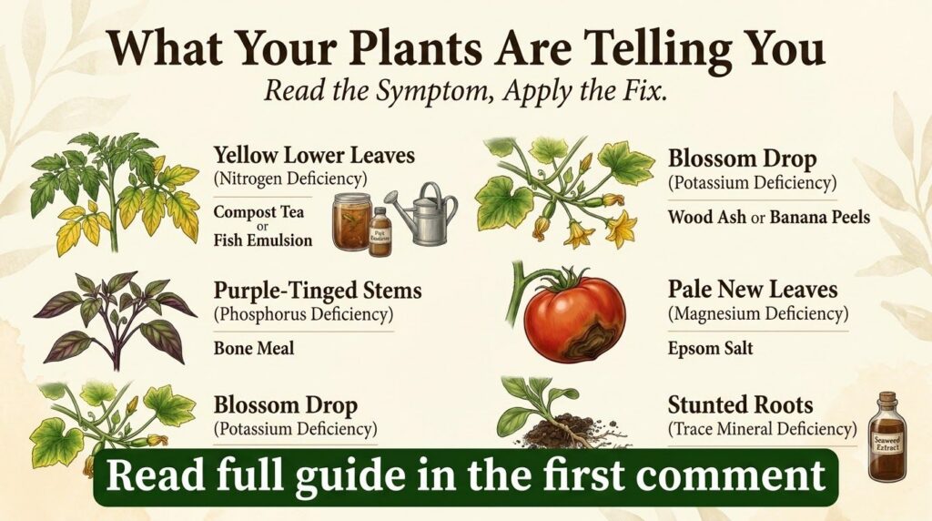 An infographic showing various plants tomato basil cucumber with symptoms of nutrient deficiencies like yellowing leaves
