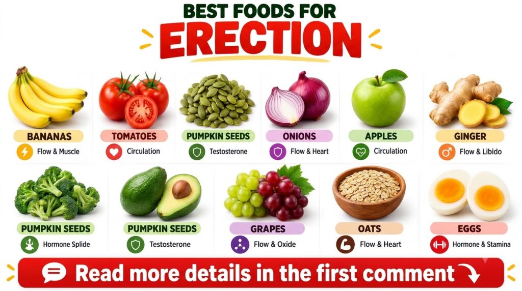 An infographic showing 9 different food items beneficial for men s health bananas tomatoes pumpkin seeds onions apples g