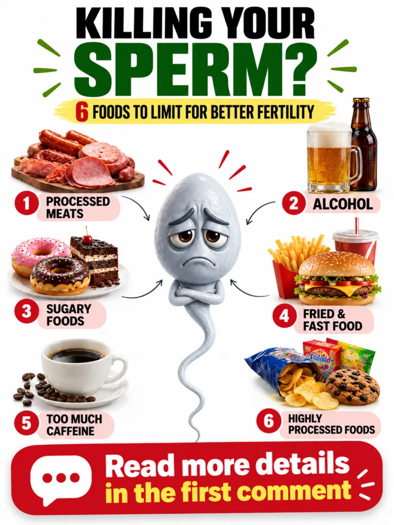 An infographic showing a sad cartoon sperm character surrounded by six types of foods and drinks that can negatively imp