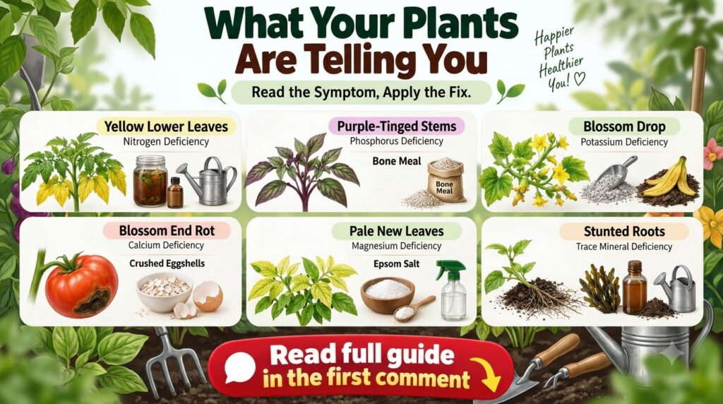 An infographic showing different plant symptoms like yellow leaves purple stems and blossom end rot alongside their corr