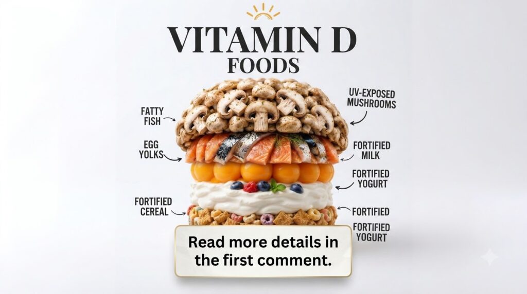 A visually appealing stacked arrangement of various Vitamin D-rich foods resembling a burger with labels pointing to eac