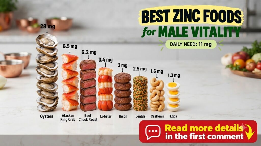 An infographic titled Best Zinc Foods for Male Vitality displaying various zinc-rich foods such as oysters crab beef lob
