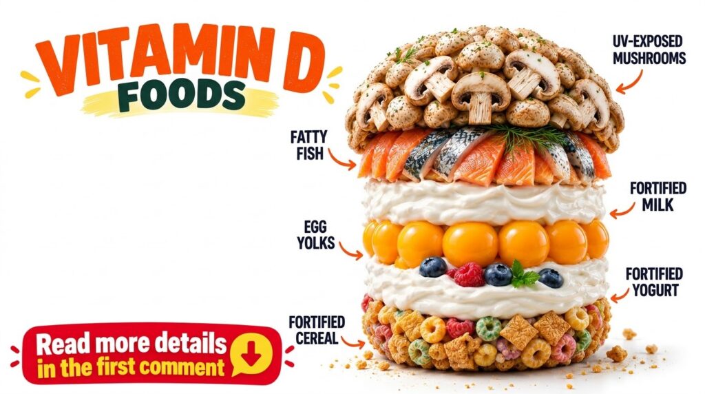 A visually appealing layered cake composed of various Vitamin D rich foods including mushrooms fatty fish egg yolks fort