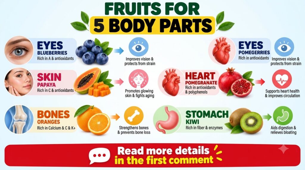 An infographic showing five fruits and their corresponding body benefits blueberries for eyes papaya for skin pomegranat