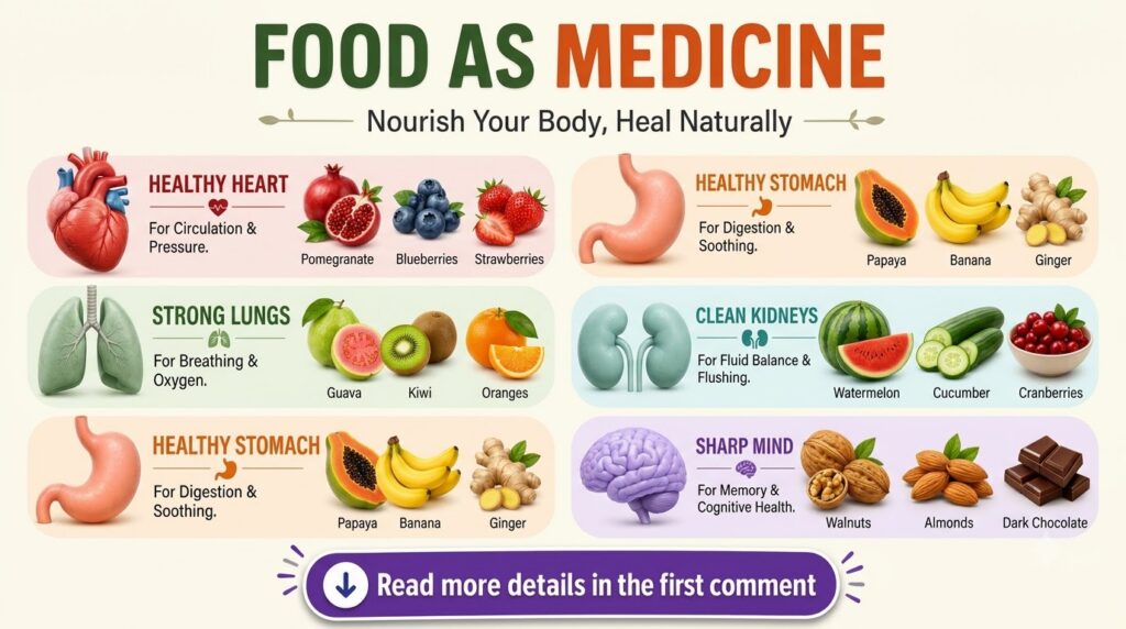 An infographic titled FOOD AS MEDICINE displaying various human organs like heart lungs stomach kidneys and brain each p