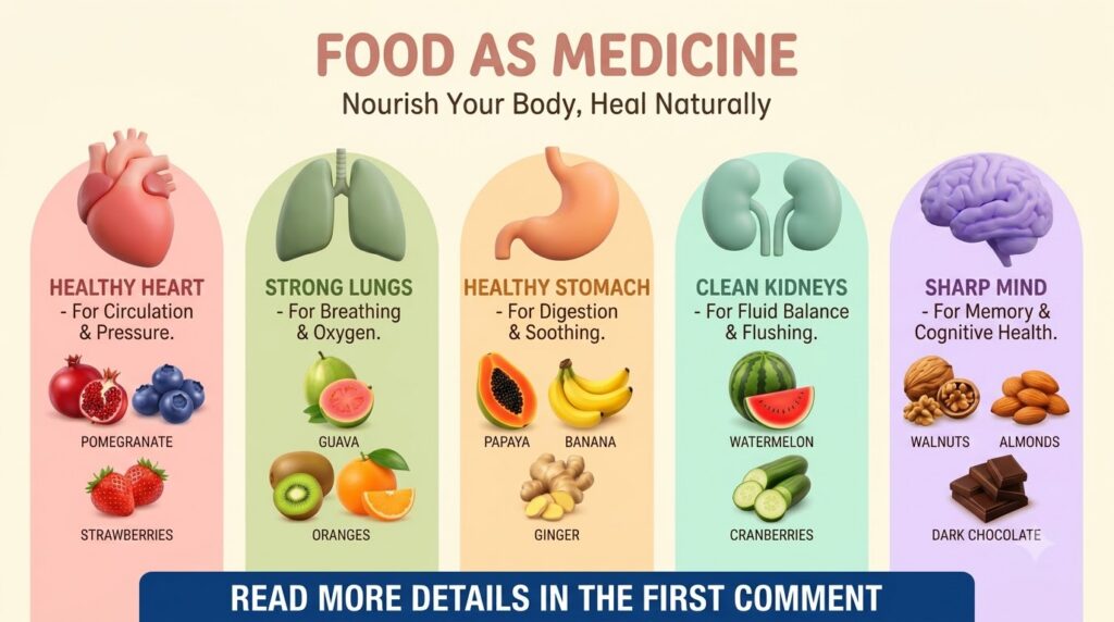 An infographic titled FOOD AS MEDICINE displaying human organs heart lungs stomach kidneys brain with associated benefic