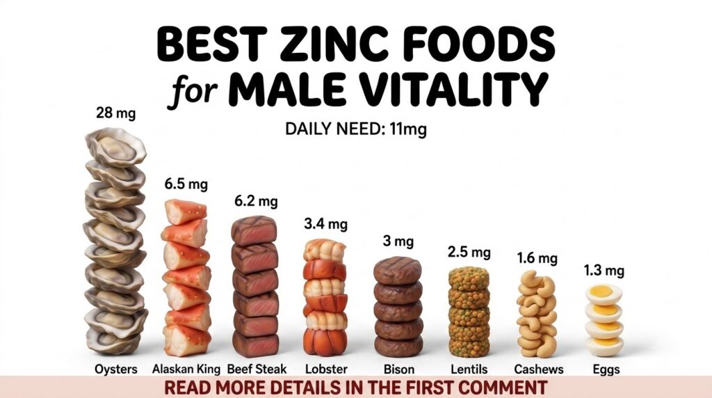 An infographic titled BEST ZINC FOODS for MALE VITALITY showing stacks of various foods like oysters crab beef lentils c