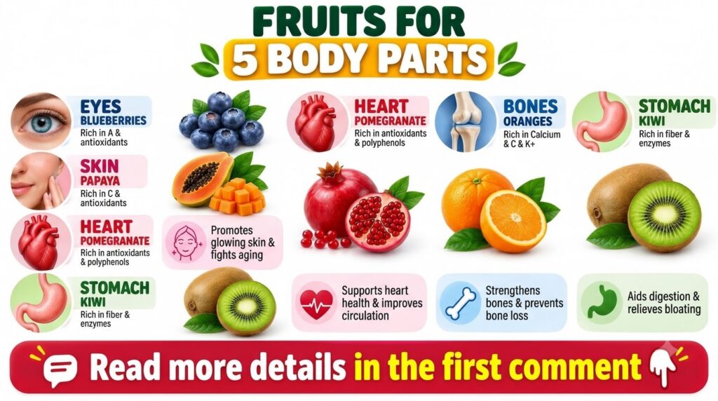 A vibrant infographic titled Fruits for 5 Body Parts illustrating blueberries for eyes papaya for skin pomegranate for h