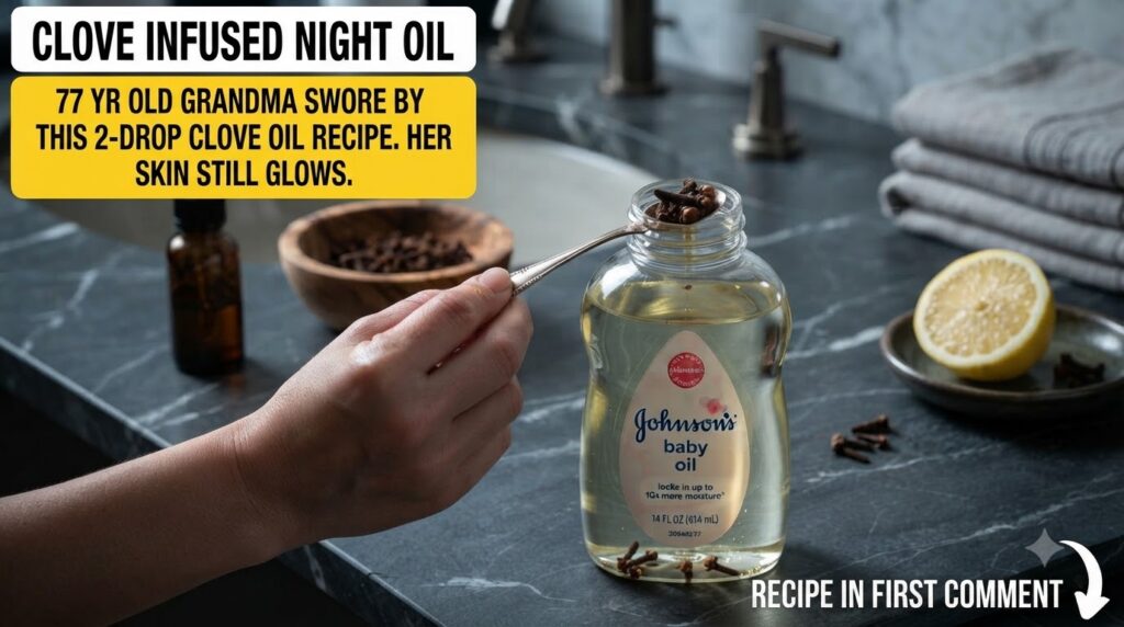 A hand preparing homemade clove-infused oil with a spoon of cloves over a baby oil bottle alongside a wooden bowl of clo