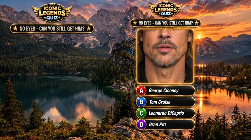 Close-up of Brad Pitt s lower face with a goatee against a dramatic sunset landscape as part of a quiz interface
