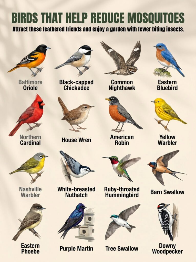 A grid of 16 different bird species known to reduce mosquito populations each with its common name listed below The bird