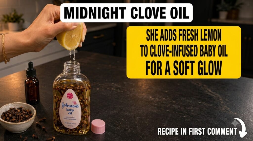 A hand squeezing a lemon half with drops of juice falling into an open bottle of Johnson s baby oil infused with cloves 