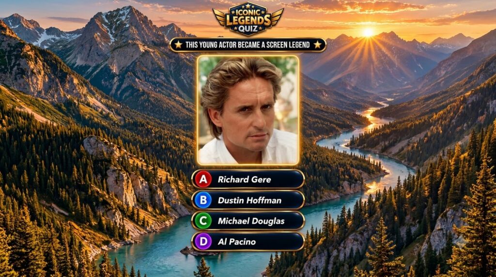 A mobile quiz game interface featuring a portrait of a young Michael Douglas framed in gold with a quiz question above a