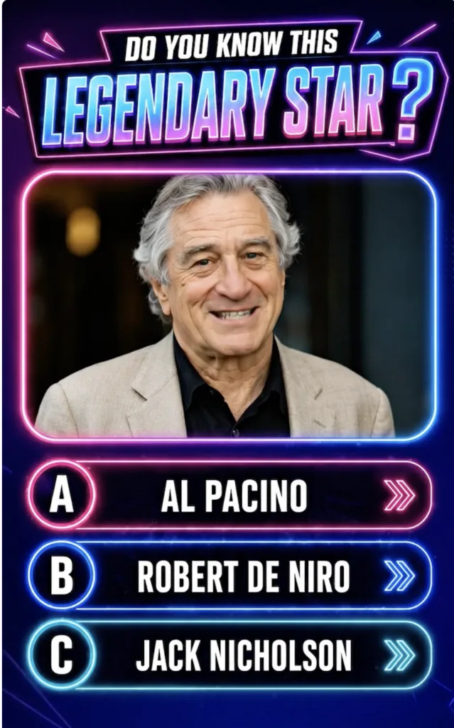 Legendary actor Robert De Niro smiling at the camera as seen in the quiz image