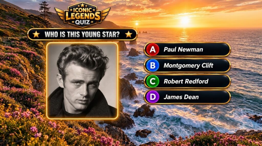 A black and white portrait of James Dean at the center of a Quiz interface overlaid on a vibrant coastal sunset scene wi